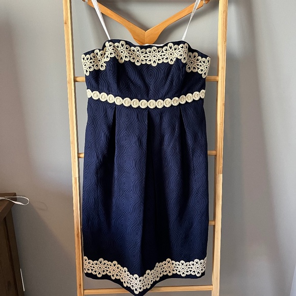 Lilly Pulitzer Navy and Gold Strapless Dress - Picture 1 of 4